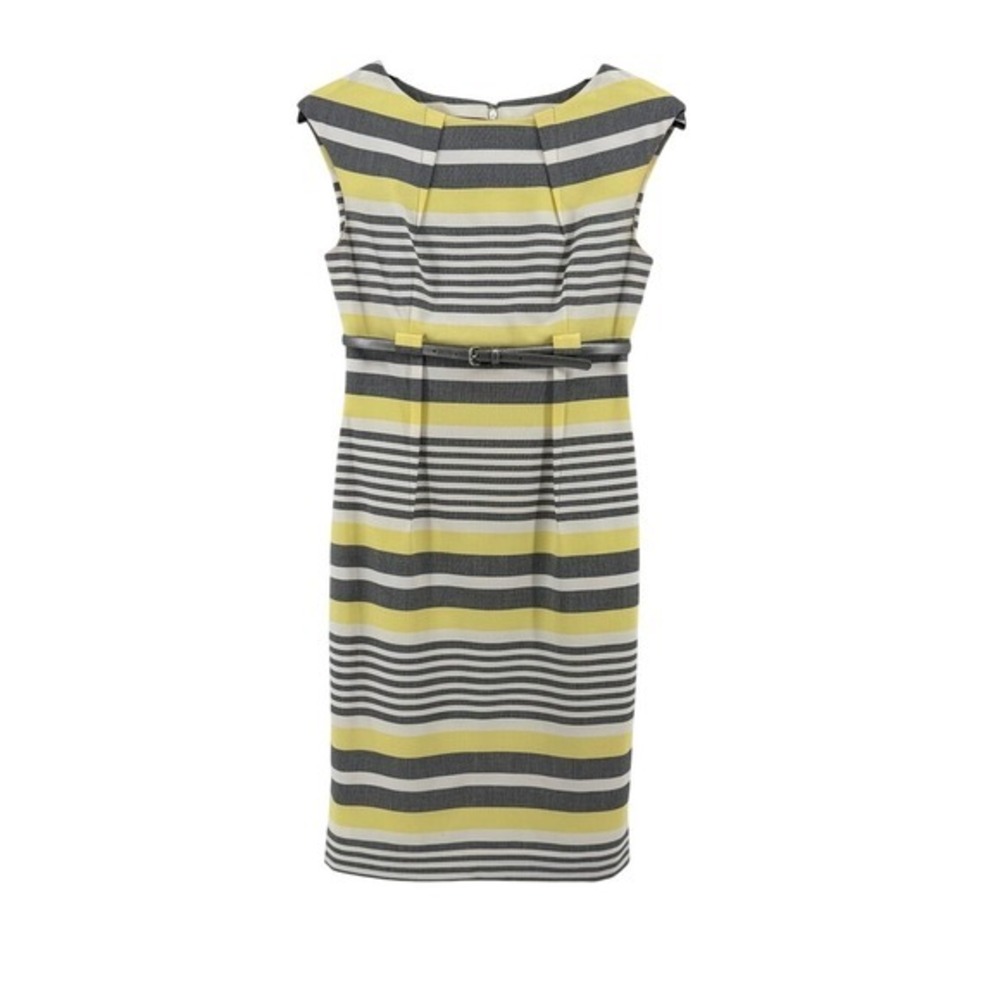 Calvin Klein Womens Yellow Grey Striped Belted Sheath Dress Size 4 Office